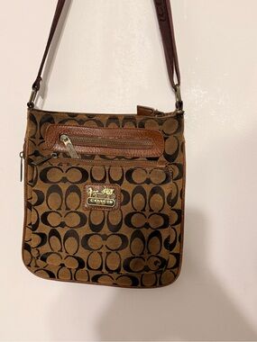 Coach Brown Signature Canvas Crossbody with Leather Trim
